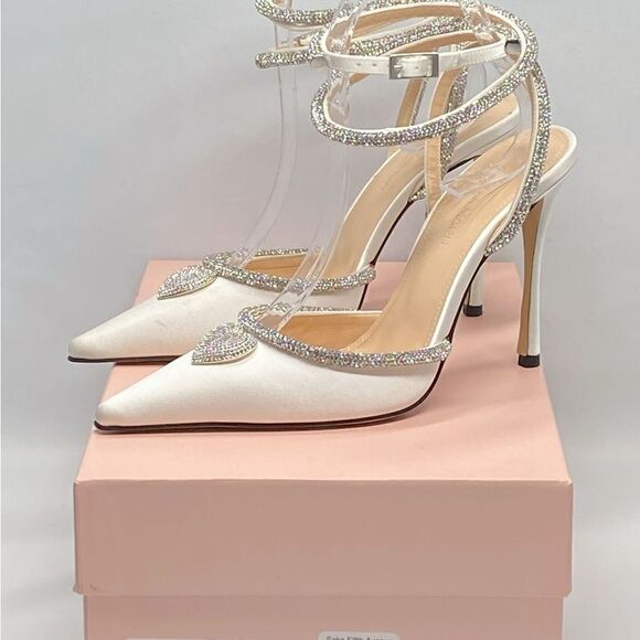 Mach & Mach Crystal Heart 110 Satin Ankle-Strap Pumps size 38 - Picture 11 of 13